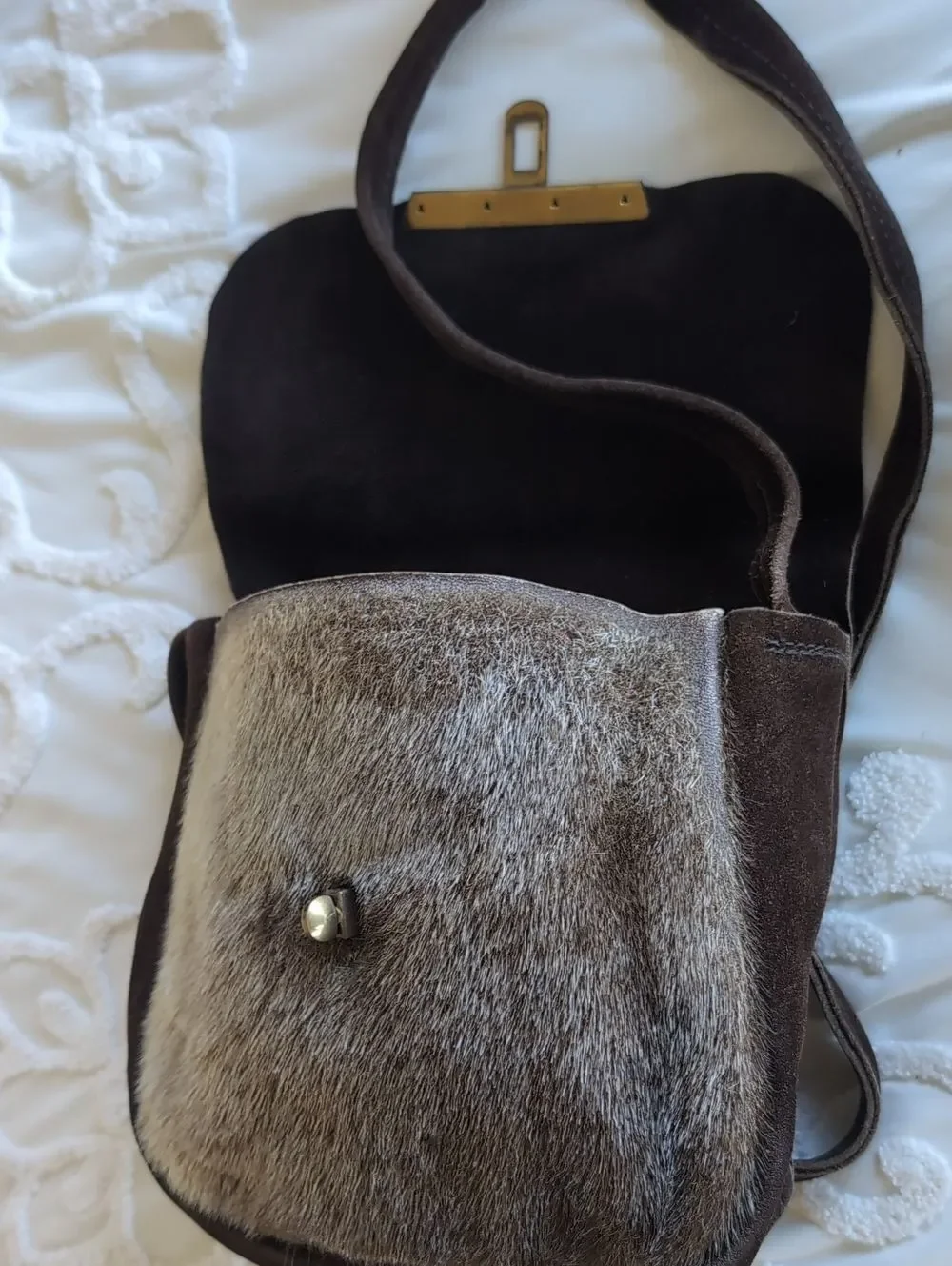 60's Vintage Brown Suede- Hair On Hide Brass Turn Lock Hip Crossbody Bag